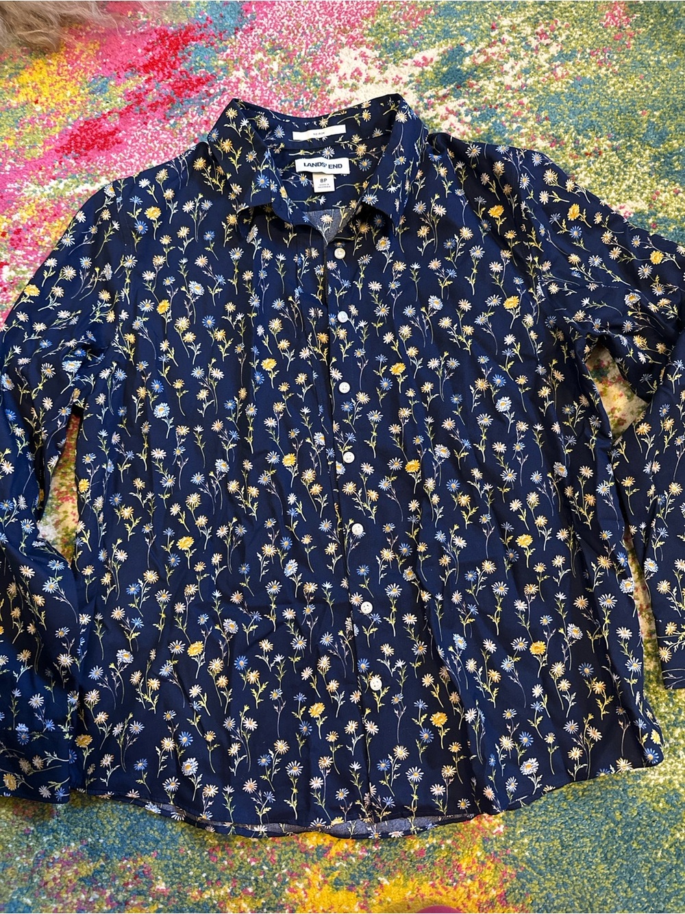 Lands' End Navy Floral Button-Down Blouse
